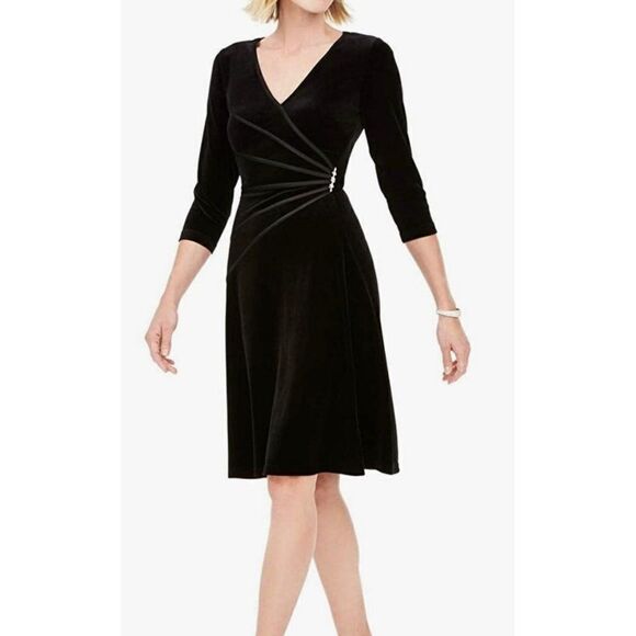 Connected Apparel Black 3/4 Sleeve Velvet Dress Size 12 - Picture 1 of 9